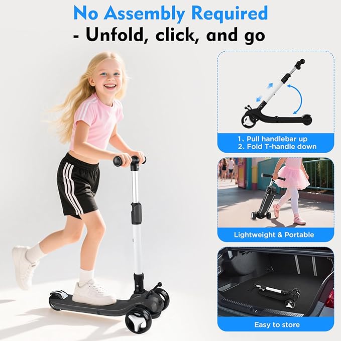 3 Wheel Electric Scooter for Kids Ages 3-12, w/Full Body Lights Up, DIY Stickers, 3 Adjustable Heights, 5Mph Safe Speed, 90min Riding, BLISSRIDE Foldable Kids Electric Scooter for Boys & Girls