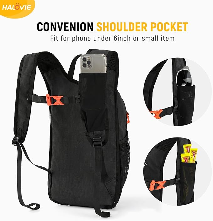 HALOVIE 15L Foldable Hiking Backpack Phone Pocket Lightweight Travel Daypack Shoulder with Chest Strap Small Packable Pack for Walking Women Men (Black)