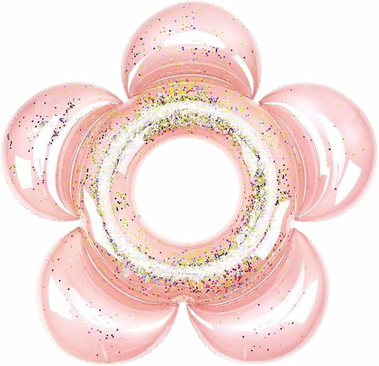 HeySplash Pool Floats for Adults, Large Floats Inflatable Floatie Loungers with Glitter, Swim Tube River Lake Wedding Bride Engagement Party Decor Toy Raft, Flower Bachelorette Fun Decor, Rose Gold