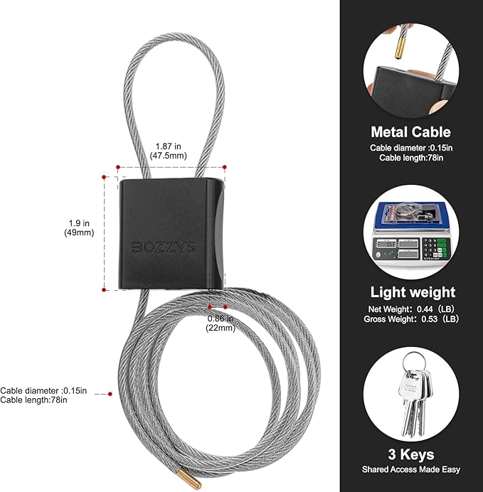 Adjustable Cable Locks with 3 Keys | L 6.56ft x D 1/6in Aluminum Steel Cable Padlock for Bikes, Gate, Lockers & Outdoor Gear | Keyed Different & Black