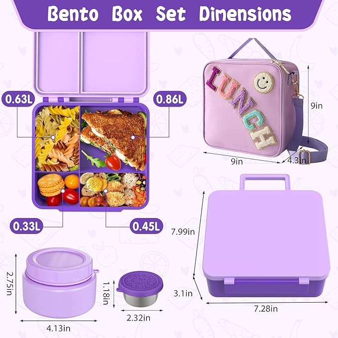 Kids Bento Lunch Box with 8oz Soup Thermo, Kids Leakproof Lunch Food Containers with 4 Compartment,Insulated Hot Food Jar with Lunch Bag for School, Travel (Purple)