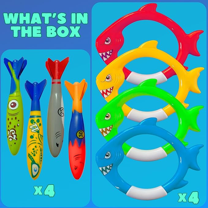 Haktoys Shark Dive Rings & Pool Diving Toys – 8-Piece Sinking Torpedoes and Fish Rings for Kids Swim Training, Boys Pool Games & Underwater Summer Fun