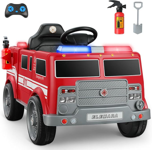 ELEMARA 12V Ride on Fire Truck, Electric Ride on Car for Kids,Battery Powered Toddler Car w/Parent Remote Control,Siren-Call,walkie-talkies, Flashing Lights,Fire Extinguishers, Bluetooth,Music,UBS.