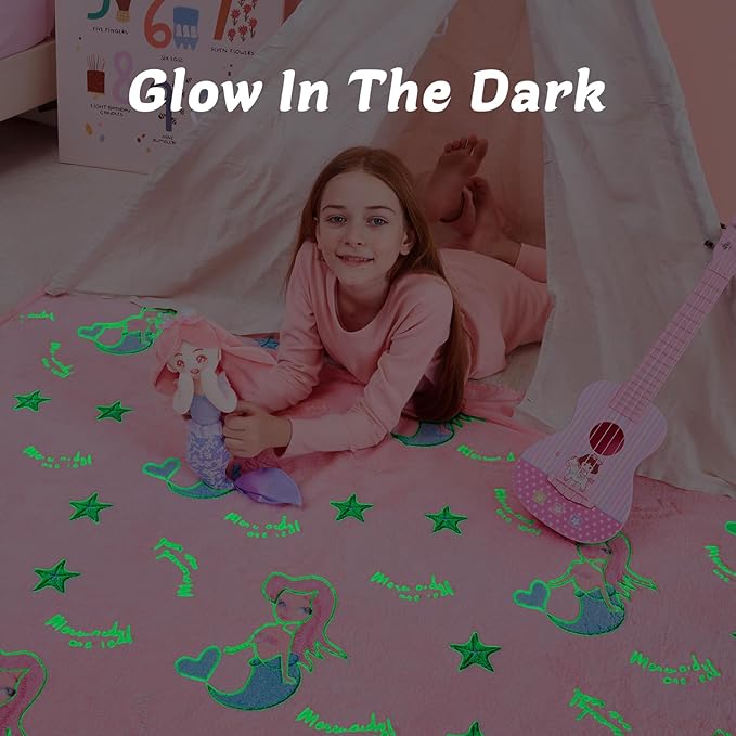 QSTEHEML Mermaid Gifts Toys for Girls Kids,Glow in The Dark Blanket Birthday Christmas Soft Luminous Throw Blanket for Age 3-12 Years Old Toddler Teens Child Daughter 50"x60"