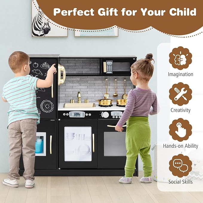 Costzon Kids Kitchen Playset, Wooden Pretend Cooking Toy Set w/Real Sound, Large Blackboard, Telephone, Microwave, Ice Maker, Dishwasher, Oven, Storage Space, Play Kitchen for Kids Ages 3+ (Black)
