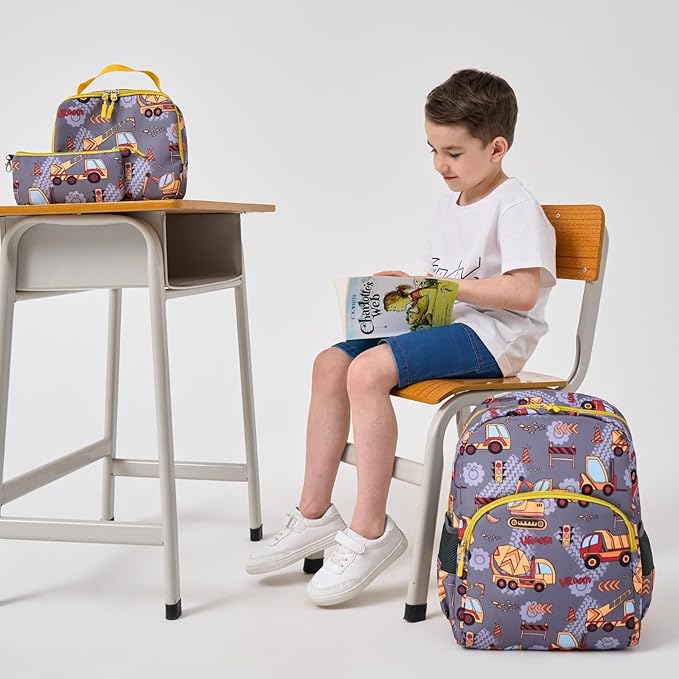 Cokouchyi 3 Pcs Kids Backpack Set with Lunch Box & Pencil Case, Lightweight Preschool Backpack for Boys Age 3-8, Kids Book bag Elementary, Truck Car