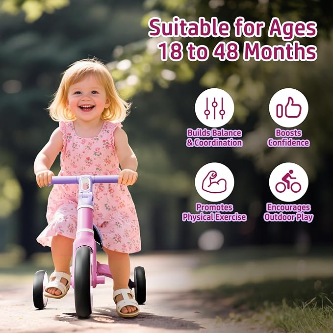 5-in-1 Toddler Balance Bike & Tricycle, Learn-to-Ride Toy for 18 Months to 4 Years, Outdoor & Indoor Ride-On for Gross Motor Skills, Birthday Gift Bike for Girls 2-4 Year Olds – Pink