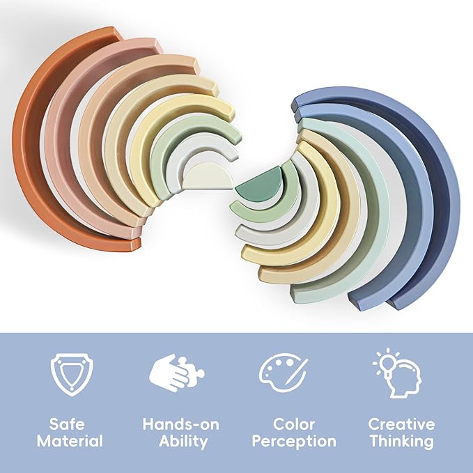 Asweets Wooden Stackable Rainbow Toy, 8 PCS Wooden Building Blocks Set for 1 2 3 Baby, Kids and Toddlers, Montessori Rainbow Nesting Puzzle, Best for 18M+, Cognitive Development (Pink)