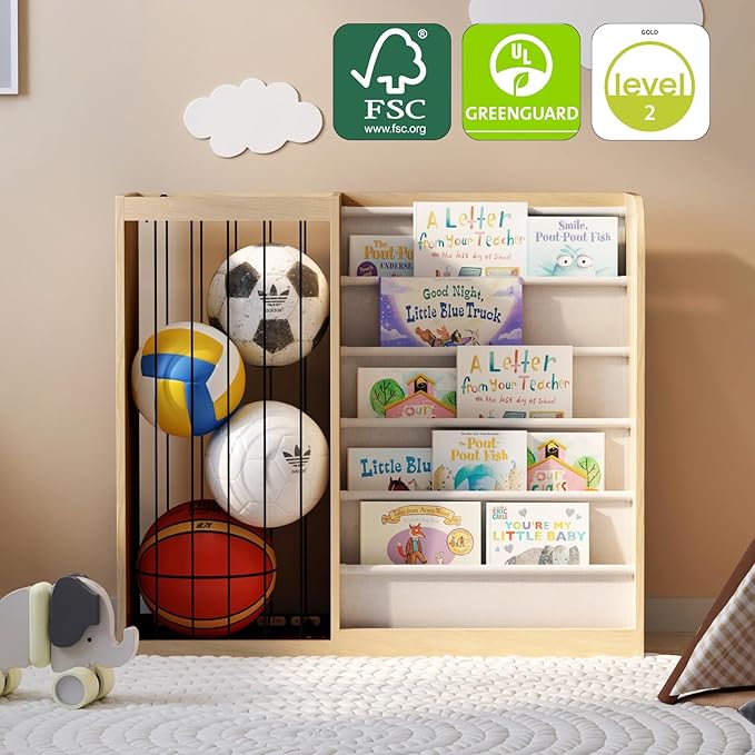 Natural Wood Kids Bookshelf & Stuffed Animal Net Holder Plush Toy Storage Organizer Child Bookcase Toddler Baby Sling Book Rack for Playroom Bedroom Nursery Infant Boys Girls Preschool