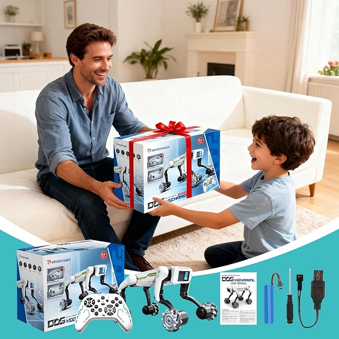 Smart Robot Dog with Wheels, 30+ Bionic Actions, Voice & Remote Control, Programmable Moves, Rechargeable Battery, All-Terrain Stunt Pet Toy for Kids