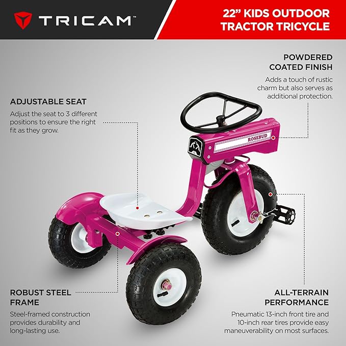 Tricam Kids 22 Inch Steel Ride On Tractor Tricycle, Toddler Bike for Ages 2-5, Pink