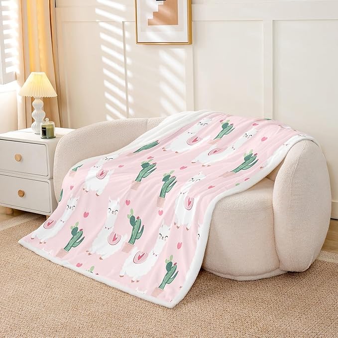 Sherpa Alpaca Blanket - Kids Cute Llama Fleece Throw - Girls Cartoon Llama Plush - Pink Bedroom Decor - South American Animals - Fuzzy Blanket - 40x50 Inch