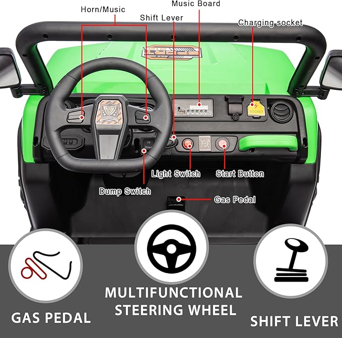 POSTACK 24V 2 Seater Electric Dump Truck for Kids, Ride on Battery Powered Electric Vehicle with Parental Remote Control, Tractor UTV for Kids to Drive w/Bluetooth, Music, Green