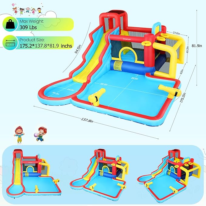 Water Slide Bounce House with Blower, Kids Inflatable Water Slide Park Indoor Outdoor Fun Wet Dry Combo Bouncy House Castle w/Splash Pool, Climbing Wall, Cannon, Basketball Hoop, Football Gate