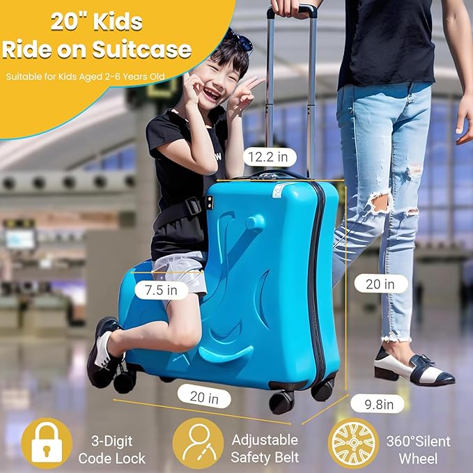 20" Kids Ride On Suitcase with Wheels and Password Lock, Scooter Luggage for Toddlers Travel, Durable Children's Suitcase for Boys & Girls Ages 2-6Years (20 Inch)