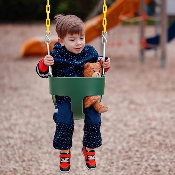 Heavy-Duty Toddler Swing with Coated Safety Chains-High Back Bucket Seat Includes Tree Straps,Hooks for Backyard, Playground,Outdoor Use (Green)