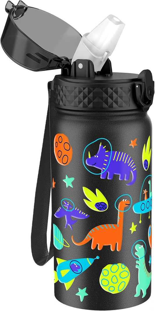 GOPPUS Kids Water Bottle (Straw Lid) - 14 Oz Stainless Steel Travel Bottle, Double Wall Vacuum Leak Proof Kids Cup for School Boys Girls,Space dinosaur
