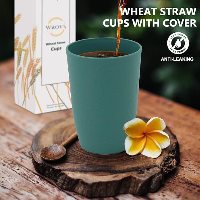 Wheat Straw Cups with Silicone Covers 16oz Set of 6 - Alternative Plastic Cups Microwave & Dishwasher Safe - Plastic Drinking Cups Unbreakable for Kids
