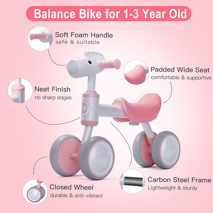 Baby Balance Bike for 1-2 Year Old Boy Girl, Balance Bike for 12-24 Months 4 Wheels Toddler Balance Bike, Baby Bike 1+ Years Toy First Birthday Gifts