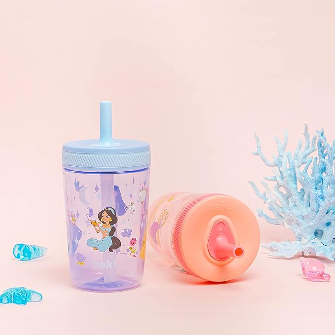 Zak Designs Disney Princess Kelso Toddler Cups For Travel or Home, 15oz 2-Pack Plastic Sippy Cups, Leak-Proof For Kids (Ariel, Aurora, Belle, Cinderella, Jasmine, Mulan, Rapunzel, Tiana)