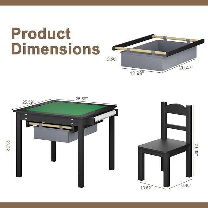 Treocho Wooden Kids Table and Chair Set with Reversible Tabletop, 2 in 1 Toddler Desk with Storage Drawers, Kids Activity Table with Blocks Building Baseplate for Playing, Reading, Drawing, Black
