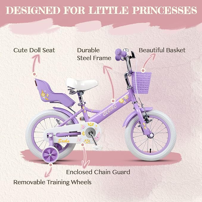 Glerc Sasha Girls Bike, 12-20 Inch Kids Bike for Children Ages 2-13 Years, Kids Bicycle with Doll-Seat & Basket & Training Wheels, Multiple Colors