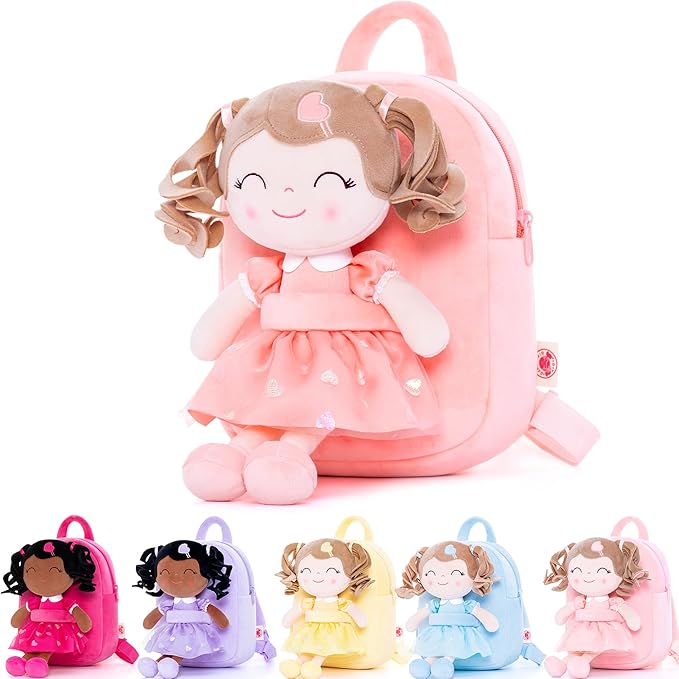 Gloveleya Back to School Gifts for GirlsToddler Backpack Baby Girl Gift Plush Bag Diaper Bag with Spring Girl Doll Curly Hair Girl Toys with Love Orange 9 Inches