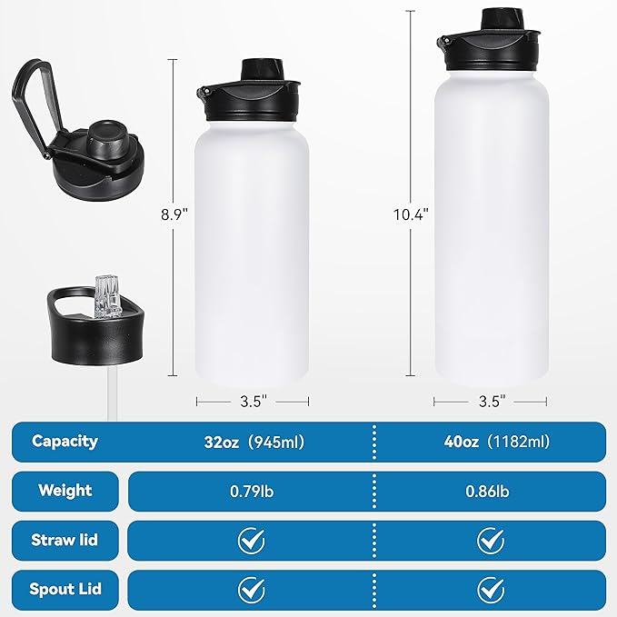 VEGOND 32 oz Insulated Water Bottle Stainless Steel Metal Water Bottles with Leak Proof Straw Lid & Spout Lid, Wide Mouth Double Walled Vacuum Travel Sports Bottle, White