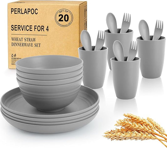 Dinnerware Sets 20 PCS, Wheat Straw Plates and Bowls Sets Service for 4, Microwave Dishwasher Safe Kids Tableware Set, Unbreakable Reusable Plastic Plates Set for Kitchen Office Travel Camping - Gray