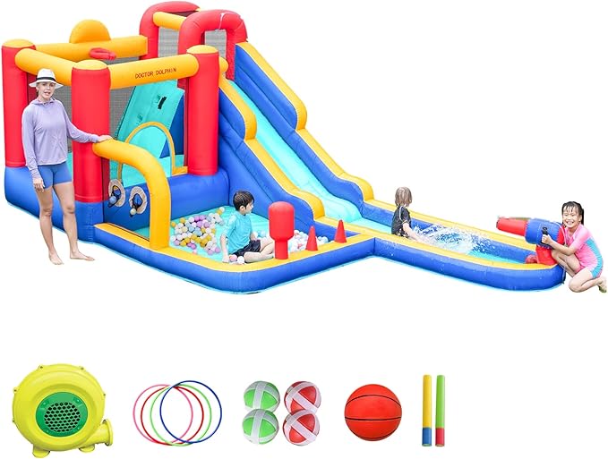 Doctor Dolphin Inflatable Bounce House with Air Blower, Bouncy Castle for Toddlers, Kids Jumping and Slide Castle for Indoor & Outdoor