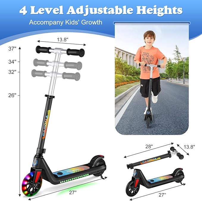 Caroma Electric Scooter for Kids Ages 6-14, 180W/150W Motor & 10 Mph, 85 Mins Ride Time, Adjustable Height & Speed, LED Display & Colorful Lights, Kids Electric Scooter, Best Gifts for Girls and Boy