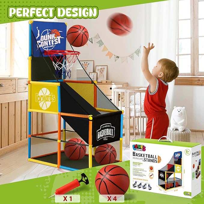 LovesTown Basketball Game Set for Kids, Basketball Hoop Indoor with 4 Balls Air Pump Adjustable Height Sports & Outdoor Play Toys for Boys Girls Birthday Party Gifts