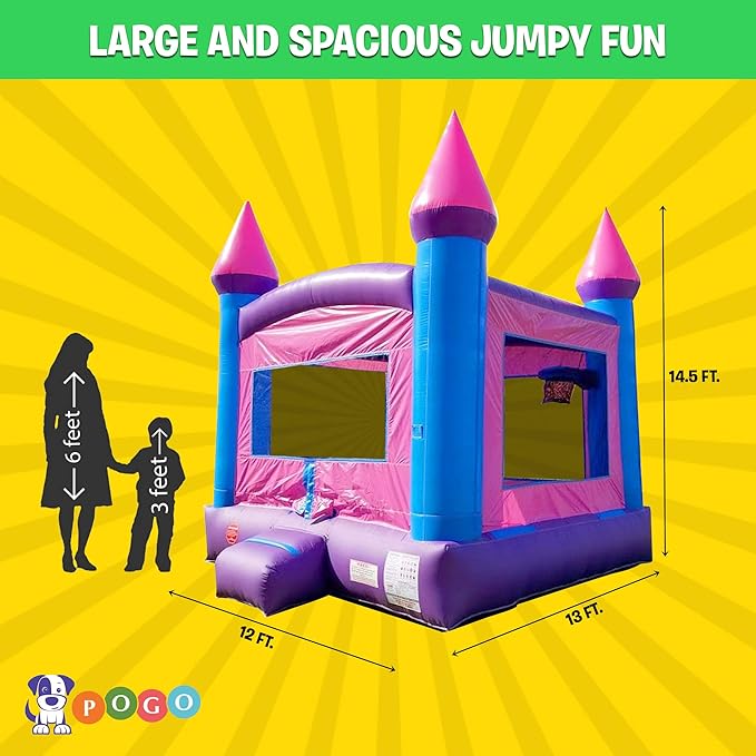 Crossover Classic Pink Inflatable Bounce House, Bouncy Jump Castle for Kids and Toddlers, Outdoor Birthday Party Jumping Bouncer, Commercial-Grade, Without Blower, 13 x 12 x 14.5 Ft
