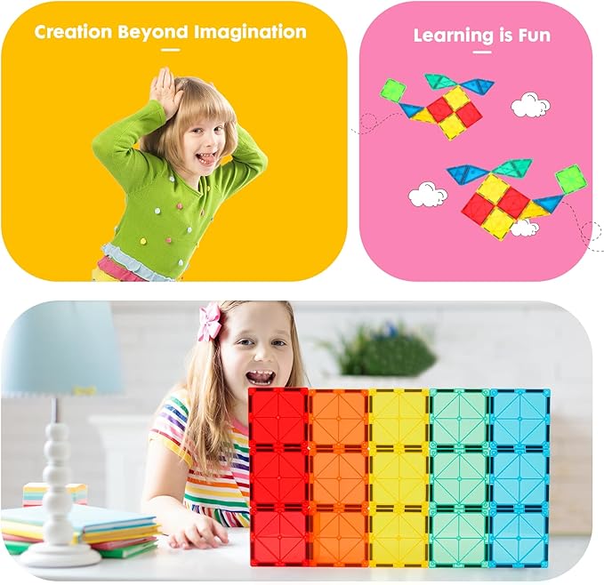 Gemmicc 100 PCS Magnetic Tiles with 2 Cars, STEM Approved Educational Magnet BuildingToys, Magnet Puzzles Stacking Blocks for Boys Girls