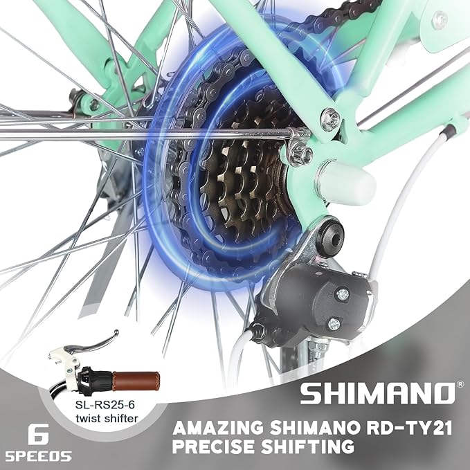 Glerc 20 24 26 Inch Beach Cruiser Bike, 6-Speed Hybrid City Bicycle for Girls Youth and Over 6 Years Old, Missy Bike with Wicker Basket & Lightweight, Multiple Colors