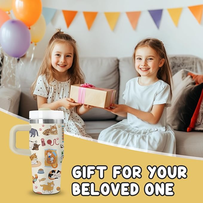 Cat Gifts for Girls - 14oz Cute Cats Kids Tumbler with Handle and Straw, Stainless Steel Insulated Water Cup, Leak Proof, for Sport, School, Travel - Funny Cat Lovers Children Birthday Gifts Cups(1pc)