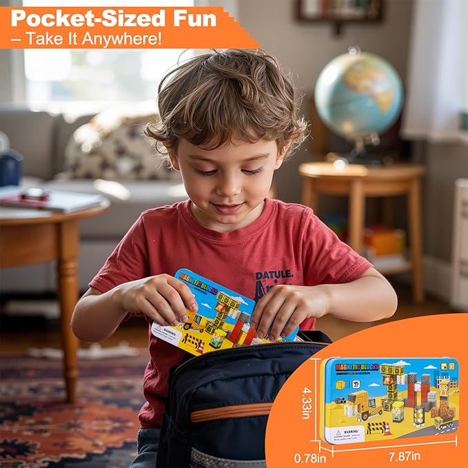 Aywewii Travel Magnetic Blocks 45 PCS Travel Games for Kids Ages 3-5, Magnet Building Cubes STEM Learning Set with Iron Case - Portable Building Toys for Boys and Girls (Construction Edition 1)