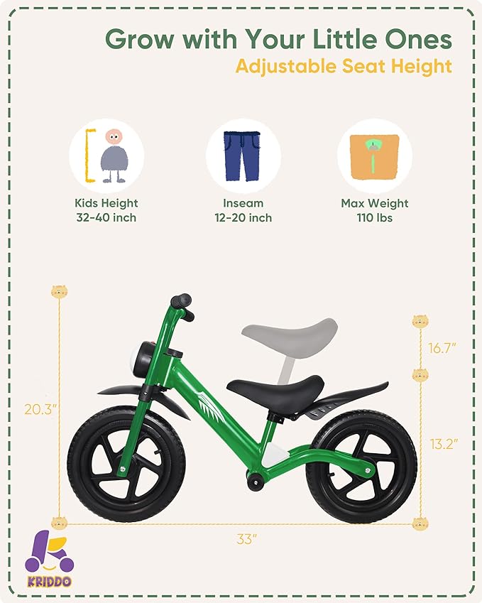 KRIDDO Kids Balance Bike for 2-5 Years, with Front Light, Upgraded Tires for All Terrain, Upgraded Bearing for Smooth and Stable Riding, Front and Rear Fenders, Adjustable Seat