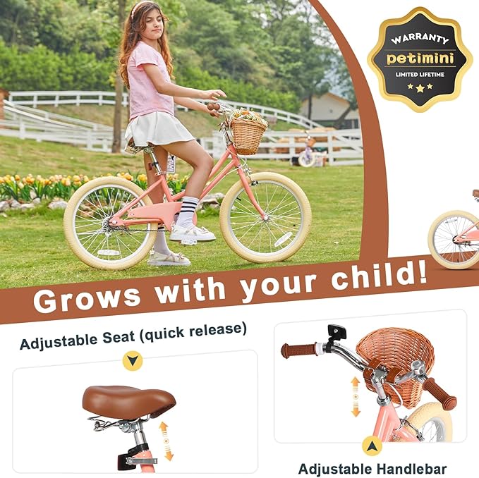 Petimini Girls Bike with Basket for 2-12 Years Old Kids, 12 14 16 18 20 Inch Bicycle with Bell Training Wheels Basket, Multiple Colors