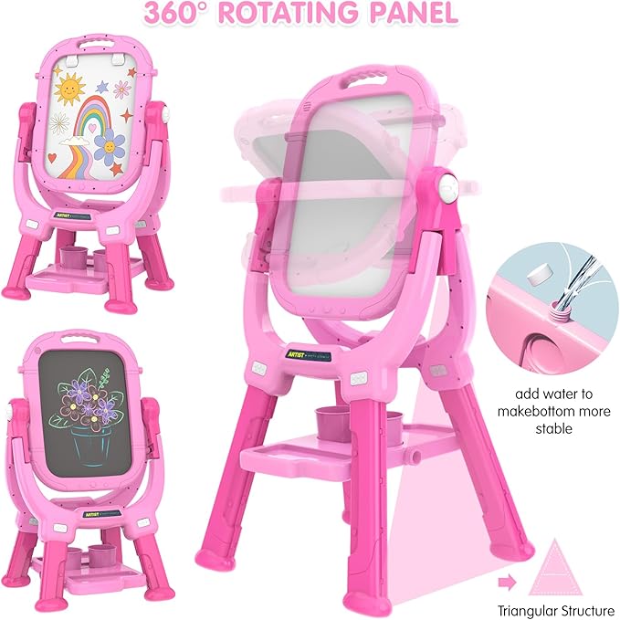 Easel for Kids, Toddler Art Easel Adjustable Standing, Magnetic Double Sided Easel with Painting Accessories, Gift for Girls (Light Pink)