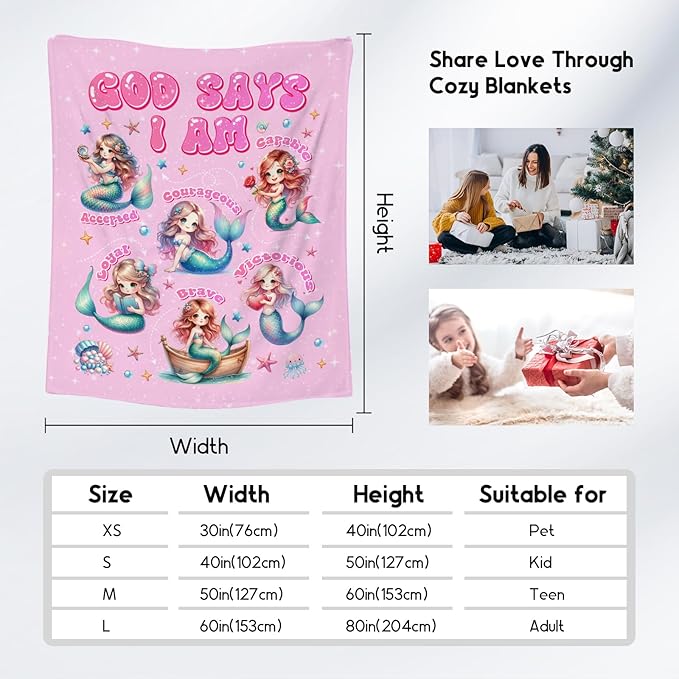 Mermaid Blanket for Girls, Mermaid Gifts, Party Decorations, God Says I Am, Cute Fleece Fuzzy Blanket for Couch Chair, 30"x40"