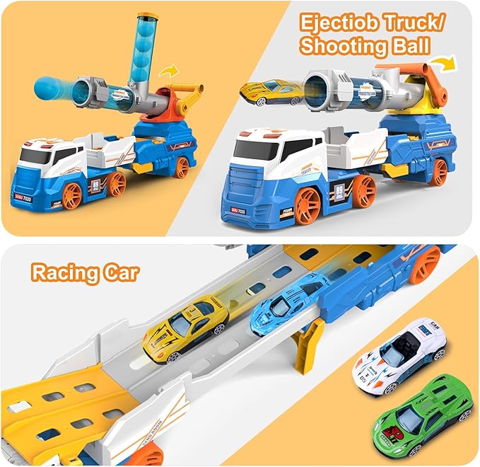 Dwi Dowellin Truck Toys for Kids, 28" Large Car Toys Include 4 Racing Cars+6 Ball, with Light & Sounds, Eejection&Shooting Transport Cars Toy, Gifts for Boys Girls 3-12 Year Old-Blue