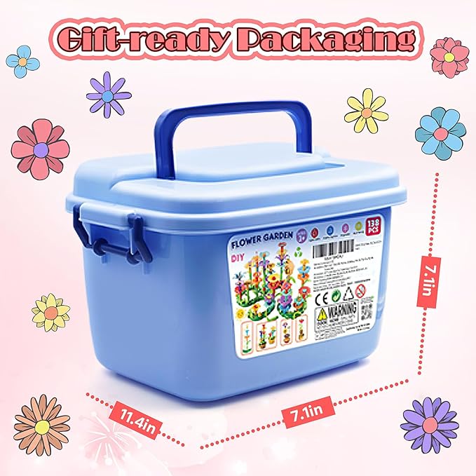 FUNZBO 138pcs Flower Garden Building Set - Christmas Spring Toys for 3 4 5 6 7 Years Old Girl, Sorting & Stacking Building Block, STEM Montessori Educational Toy for Kid Toddler Birthday Gift