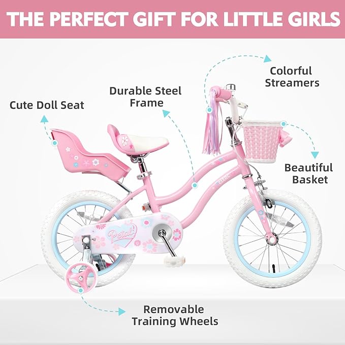 Glerc Petal Girls Bike, 12-18 Inch Kids Bike for Ages 2-9 Years Old Children, Princess Style Kids Bicycle with Training Wheels & Basket & Streamers, Multiple Colors