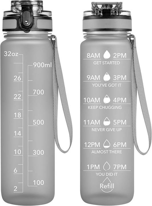 OLDLEY Water Bottle, 32oz Motivational Sports Water Bottle with Time Marker - Times to Drink - Tritan, BPA Free, Wide Mouth Leakproof, Grey Misty (1 Bottle)