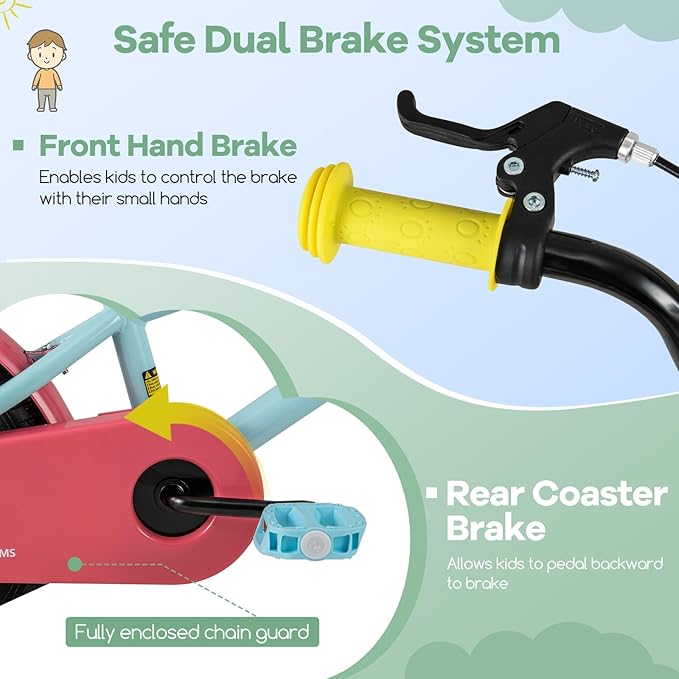 BABY JOY Colorful Macarons Kids Bike, 12 14 16 18 Inch Sporty Children's Bicycle with Training Wheels, Adjustable Handlebar & Saddle, Handbrake & Coaster Brake, Boys Girls Bike for 3-8 Years Old