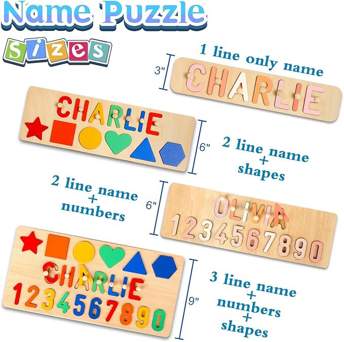 Baosity Personalized Name Puzzle for Kids, Custom Wooden Puzzles for Toddlers 1-3, Shape & Number Puzzle, Early Baby Toys, 1st Birthday Gifts Boy Girl, Gifts for Birthday Christmas Baby Shower