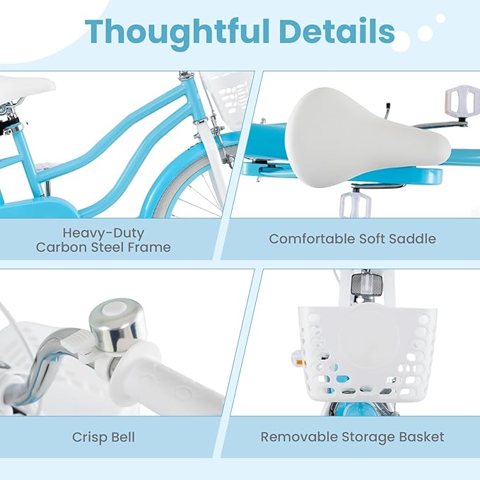 COSTWAY Kids Bike, 12 14 16 18 Inch Toddler Bike Children Bicycle w/Training Wheels, Hand & Coaster Brakes, Adjustable Saddle & Handlebar, Basket, Bell, Kids Bicycle for Girls Boys Aged 3-8 Years Old