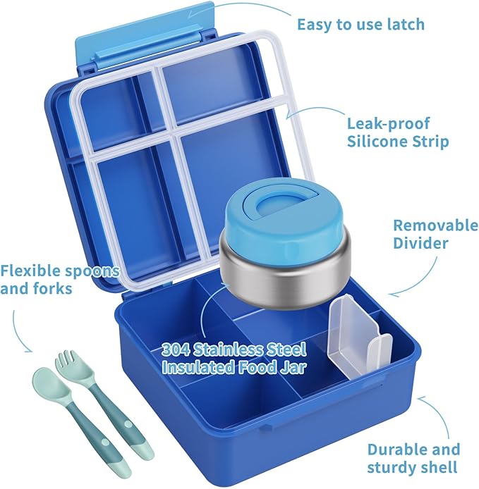 Bento Box for Kids with Thermo Food Container (9oz), 4-Compartment Lunch Box, Adjustable Divider, Leakproof Bento Lunch Box, Includes Utensils & Carry Bag for School, Office(Blue)