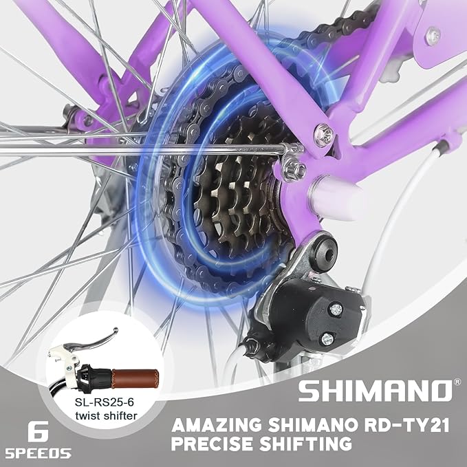 Glerc 20 24 26 Inch Beach Cruiser Bike, 6-Speed Hybrid City Bicycle for Girls Youth and Over 6 Years Old, Missy Bike with Wicker Basket & Lightweight, Multiple Colors